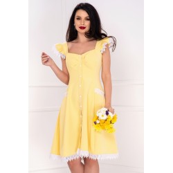 Rochie InPuff galbena cu volanase la umeri si broderie aplicata