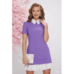 Rochie office mov cu volan din voal si guler brodat cu margele