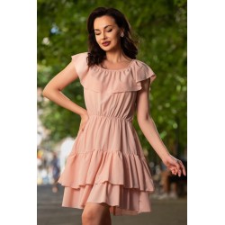 Rochie de vara roz scurta in clos cu volane