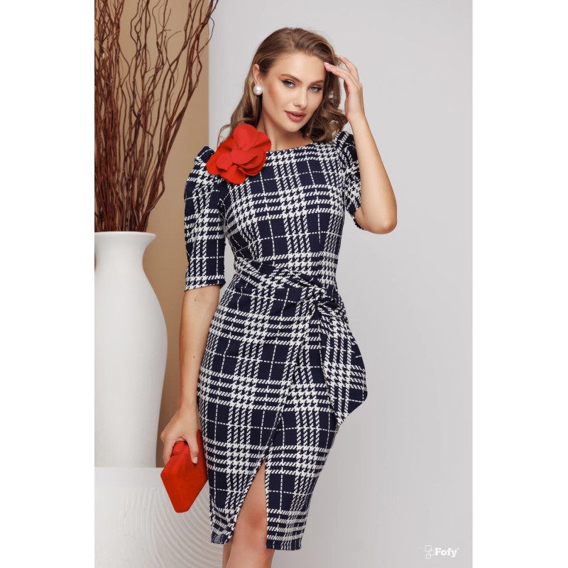 Rochie de zi conica cu imprimeu geometric si floare rosie