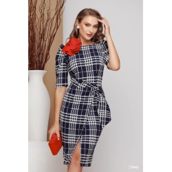 Rochie de zi conica cu imprimeu geometric si floare rosie