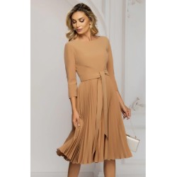 Rochie de zi bej midi cu fusta plisata si cordon in talie