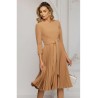Rochie de zi bej midi cu fusta plisata si cordon in talie