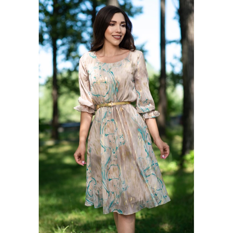Rochie de zi in clos Inga bej cu insertii aurii si imprimeu turquoise