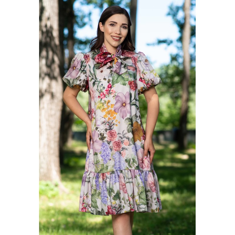 Rochie de zi midi cu maneci gogosar si imprimeu floral