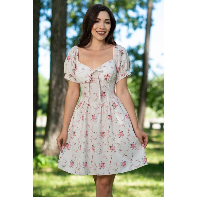 Rochie de vara ecru in clos cu flori imprimate