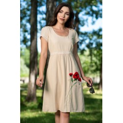 Rochie de zi din in bej cu maci brodati 3D