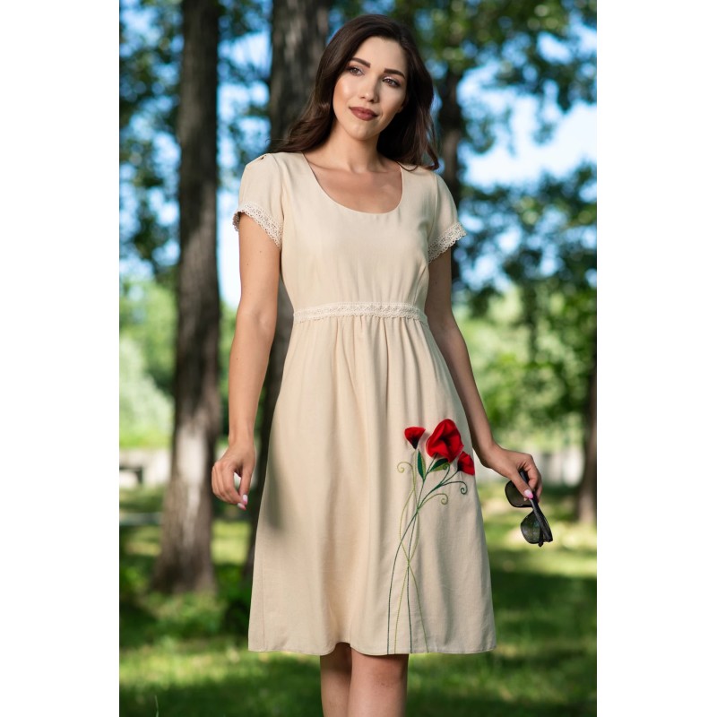 Rochie de zi din in bej cu maci brodati 3D