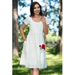 Rochie de zi din in ecru cu maci brodati 3D