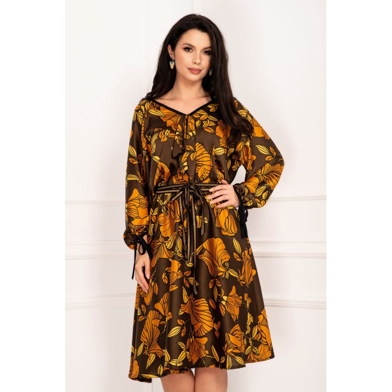 Rochie de zi satinata in clos cu imprimeu tomnatic