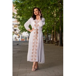 Rochie traditionala eleganta alba lunga din vascoza Maria cu broderie bej
