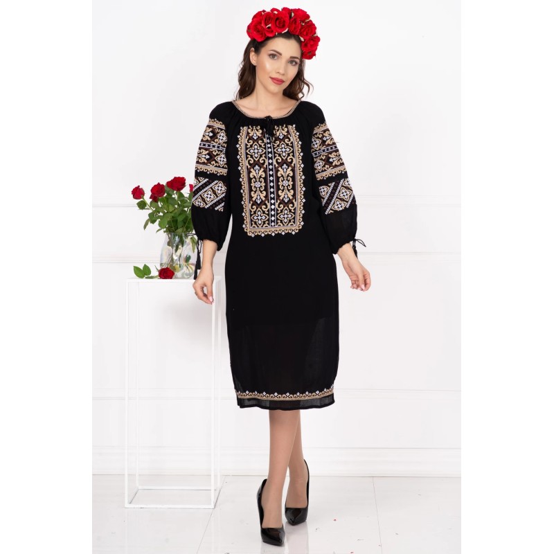 Rochie neagra traditionala Iarina cu broderie cu simbolul crucii
