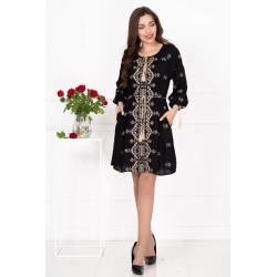 Rochie traditionala neagra Hortensia cu broderie geometrica bej