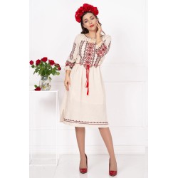 Rochie din in Filipa brodata cu motivul rombului