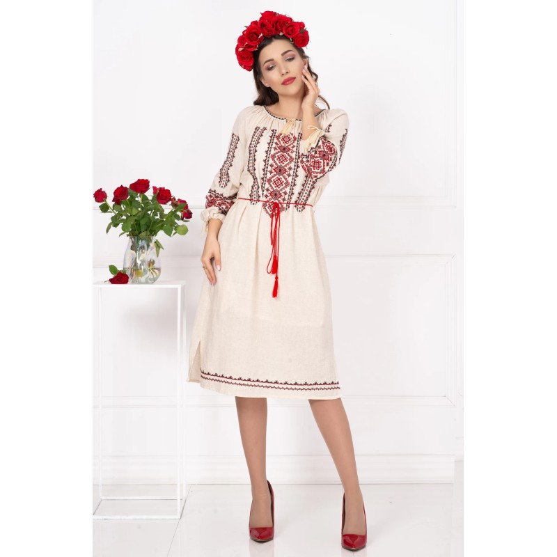 Rochie din in Filipa brodata cu motivul rombului