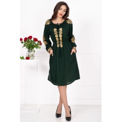 Rochie traditionala verde Fenicia cu broderie florala aurie