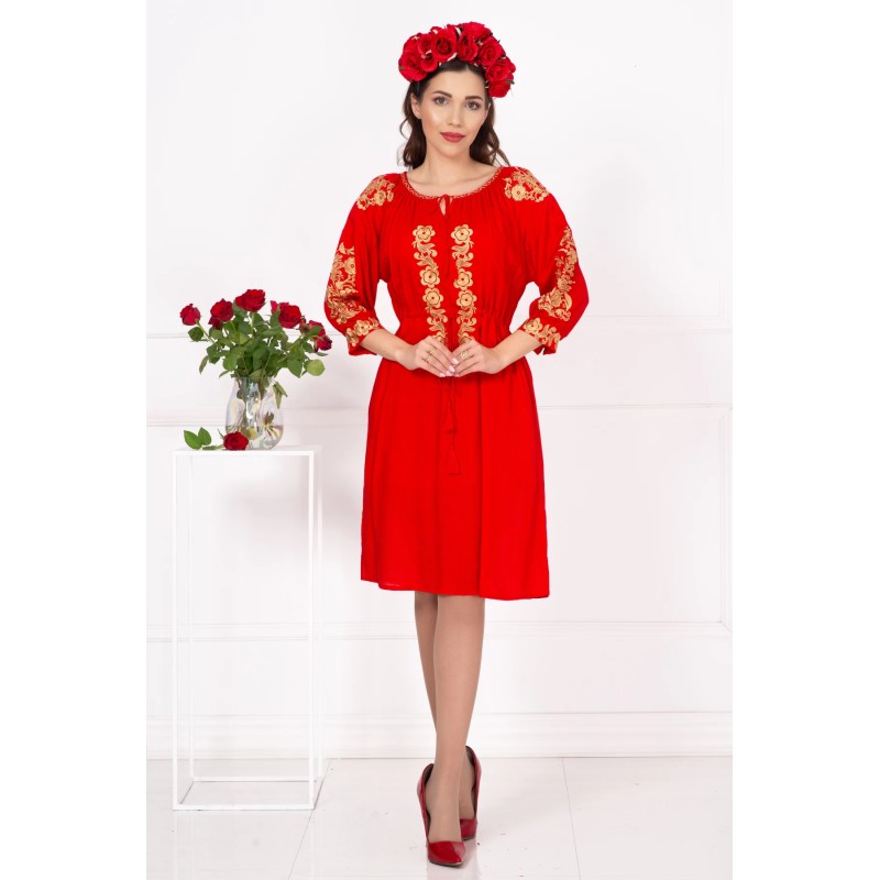 Rochie traditionala rosie Fenicia cu broderie florala aurie