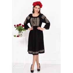 Rochie traditionala neagra Eugenia cu broderie bej labirint