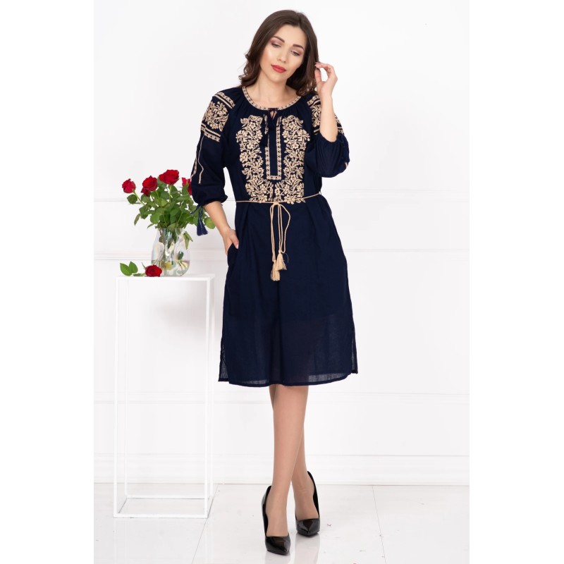Rochie traditionala bleumarin Elisa cu broderie florala bej