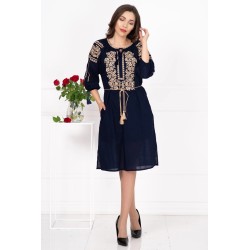 Rochie traditionala bleumarin Elisa cu broderie florala bej