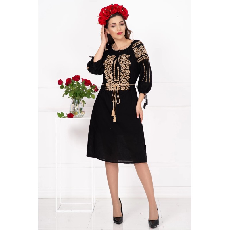 Rochie traditionala neagra Elisa cu broderie florala bej