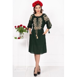 Rochie traditionala verde Elisa cu broderie florala bej
