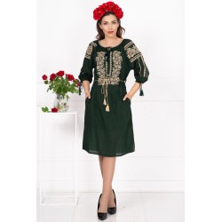 Rochie traditionala verde Elisa cu broderie florala bej