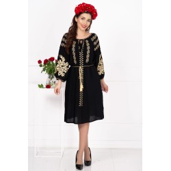 Rochie traditionala din vascoza neagra Ecaterina cu broderie bej