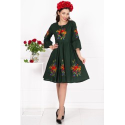 Rochie traditionala verde Angelica cu flori multicolore brodate