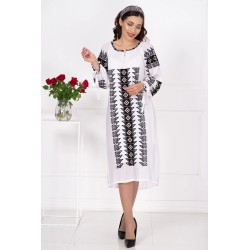 Rochie traditionala midi alba Adriana cu broderie neagra