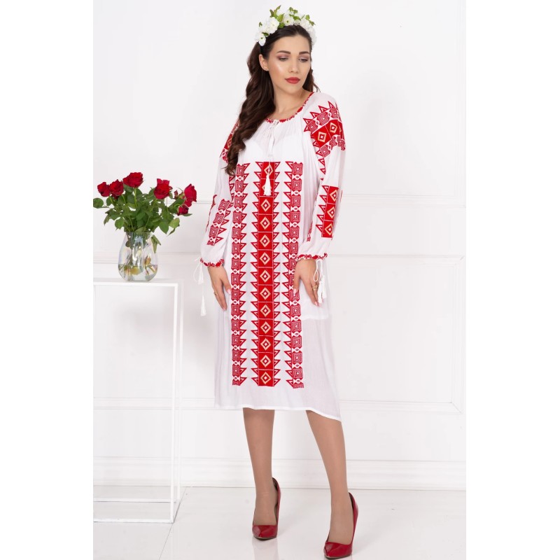 Rochie traditionala midi alba Adriana cu broderie rosie
