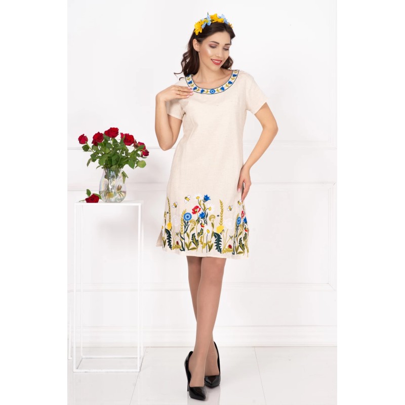 Rochie traditionala din in brodata cu flori multicolore