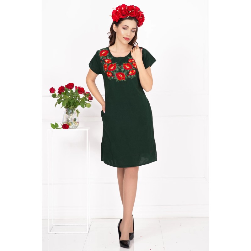 Rochie traditionala verde din in cu bujori brodati