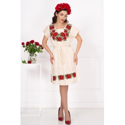 Rochie traditionala din in cu bujori brodati