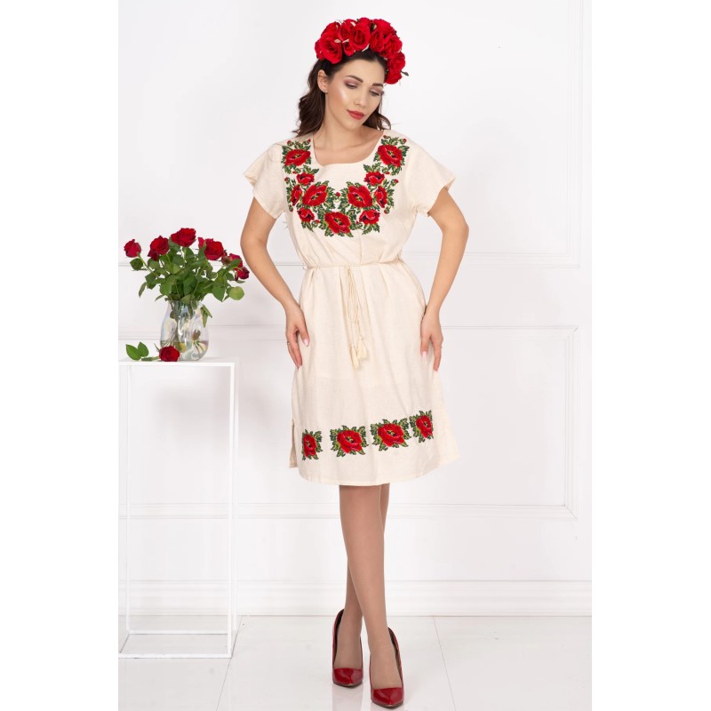 Rochie traditionala din in cu bujori brodati