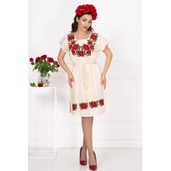 Rochie traditionala din in cu bujori brodati