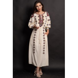 Rochie traditionala crem Coralia cu broderie cu simbolul rombului