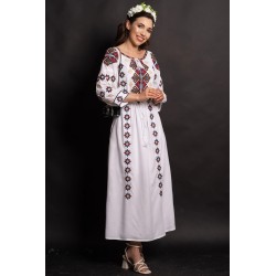 Rochie traditionala alba Coralia cu broderie cu simbolul rombului