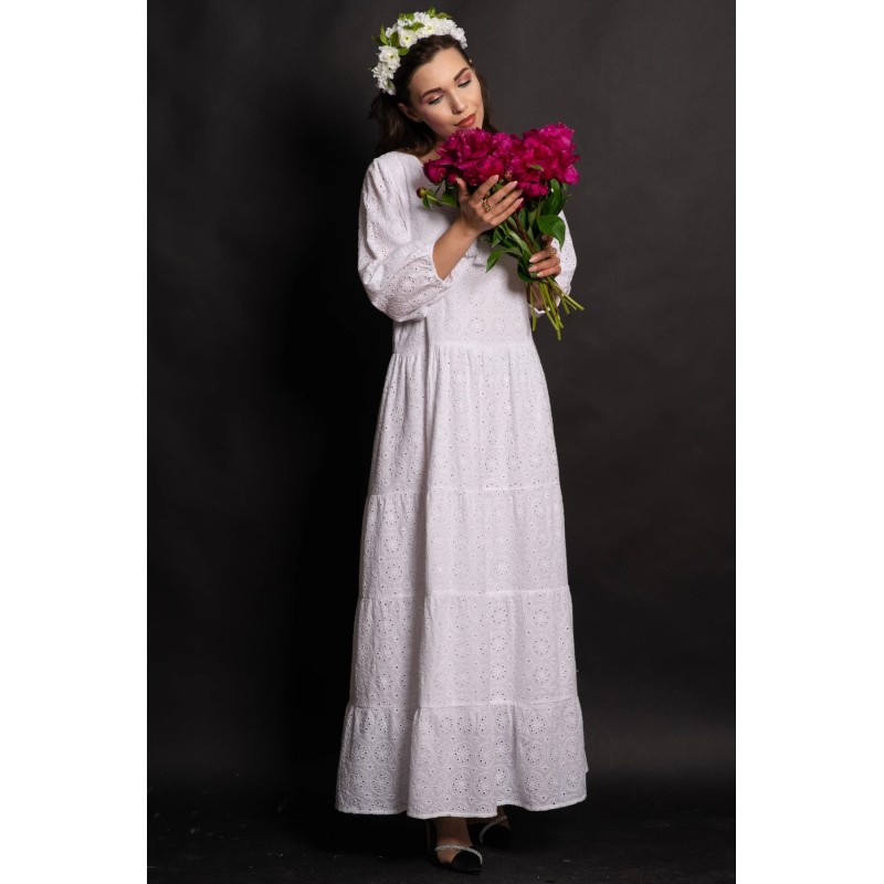 Rochie alba de vara din bumbac Annabel cu broderie englezeasca