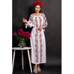 Rochie traditionala alba din vascoza Fernanda cu broderie florala