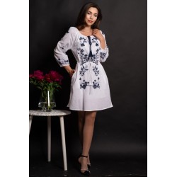 Rochie scurta traditionala din in Briseida cu broderie florala