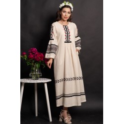 Rochie midi din in Amora cu maneci clopot si broderie