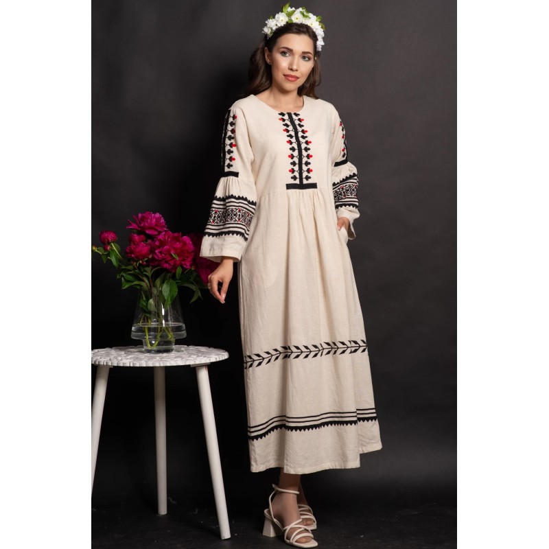 Rochie midi din in Amora cu maneci clopot si broderie