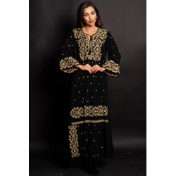 Rochie traditionala neagra Gina lunga cu broderie bej