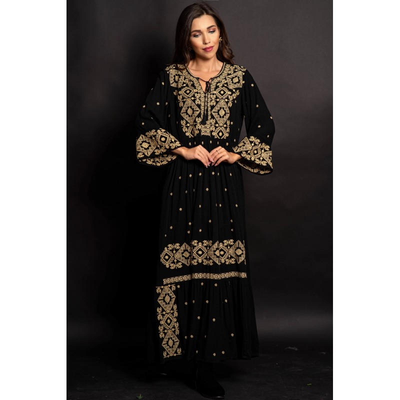 Rochie traditionala neagra Gina lunga cu broderie bej