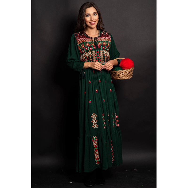 Rochie traditionala verde cu motive florale Gradina Stramosilor