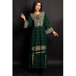 Rochie traditionala verde Gina lunga cu broderie bej