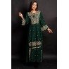 Rochie traditionala verde Gina lunga cu broderie bej