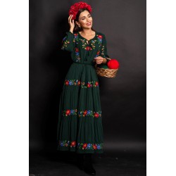 Rochie traditionala Sânziana Verde cu broderie florala