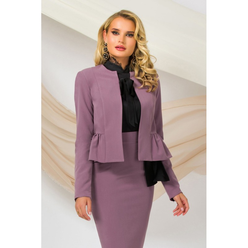 Blazer elegant lila Pretty Girl cu volanas si funda neagra satinata